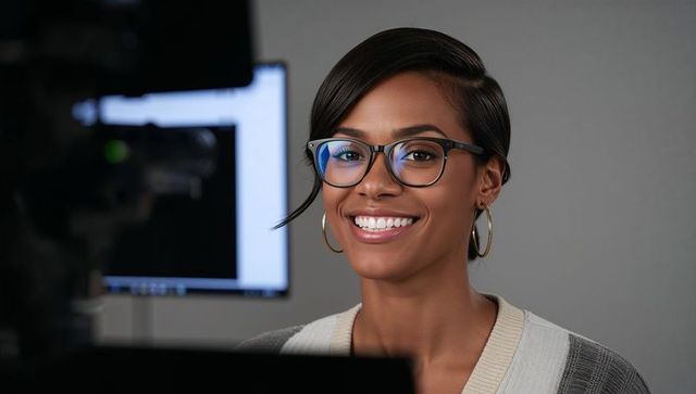 Smiling presenter wearing blue light glasses and gold hoop earrings recording headshot