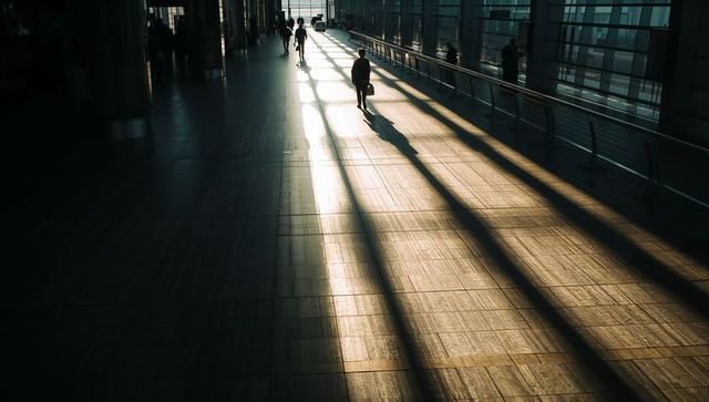 Walking commuter silhouette casting long sunlit shadows across transit concourse