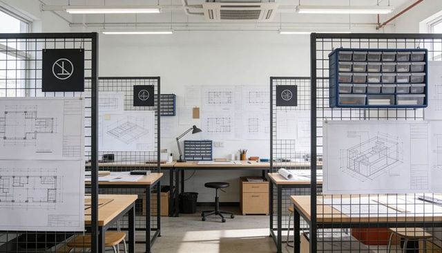 Modern architecture studio showcasing drafting tables, pinned blueprints, organized grid panels