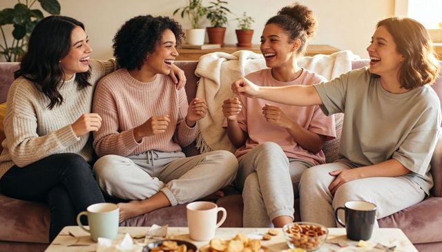 Four friends laughing and playing hand game on cozy sofa in loungewear with snacks