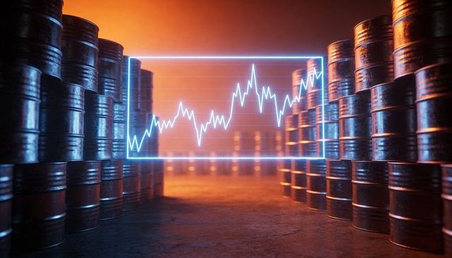Holographic oil price chart floating among industrial barrels with neon glow