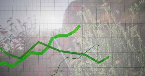 Green line growth chart overlaying garden foliage and blurred person, finance concept