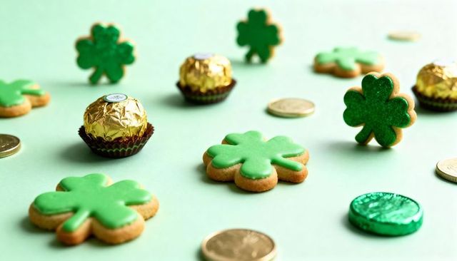 St patrick's day shamrock cookies with gold foil truffles and chocolate coins
