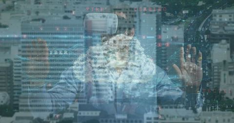 businessman with vr headset exploring digital data in urban landscape - Download Free Stock Images Pikwizard.com