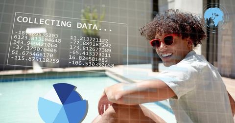 Smiling man relaxing poolside with digital data overlays and analytics for tech lifestyle