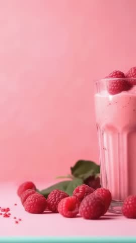 Vertical video sliding reveal showing teal under pink table with raspberry smoothie and raspberries
