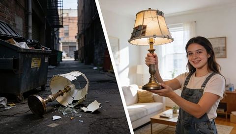 Teen restoring brass lamp with repaired shade, before and after urban to cozy lighting