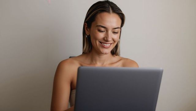 Smiling young woman working on laptop in minimalist home office, remote work productivity