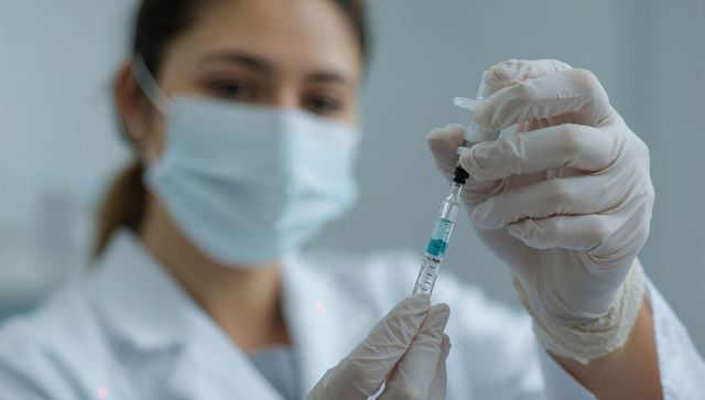 Nurse drawing vaccine into syringe with gloved hands and surgical mask preparing injection