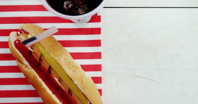 Close-up of American Hot Dog with Cup of Soda on Patriotic Table - Download Free Stock Images Pikwizard.com