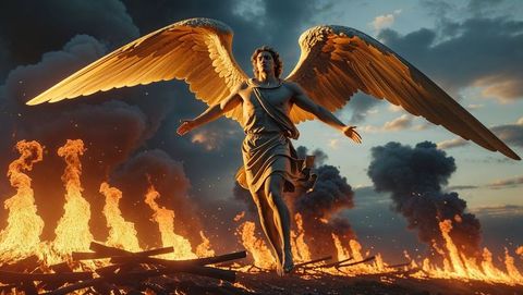 Epic Gold-Winged Humanoid Amid Smoky Fiery Backdrop