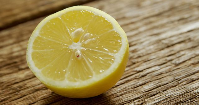 A fresh, juicy half of a lemon sits on a wooden surface, with copy space. Its vibrant yellow color and citrusy freshness suggest its use in cooking, cleaning, or as a garnish.