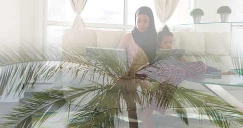 Mother and Daughter Using Laptops, Digital Double Exposure, Nature