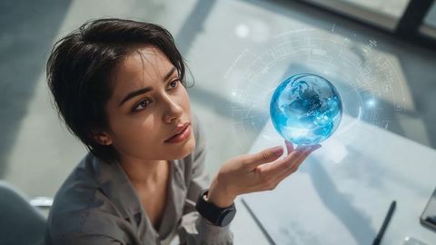 Woman displaying futuristic holographic globe at workplace