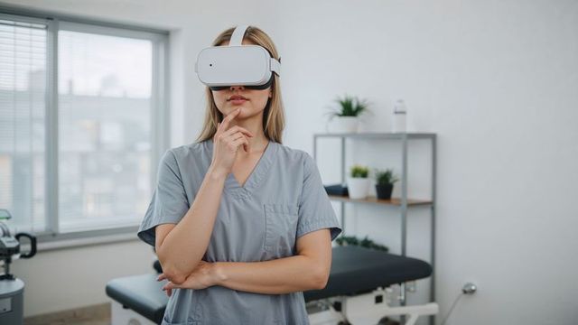 Therapist engaged in virtual reality training in clinic room