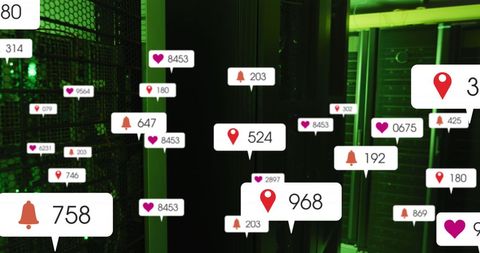 Social Media Icons Overlay in Modern Server Room - Download Free Stock Images Pikwizard.com