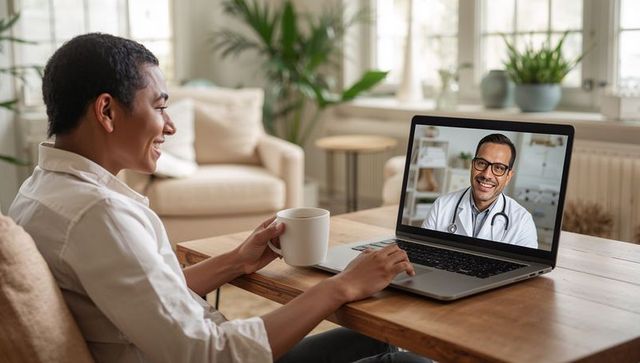 Smiling man having virtual doctor consultation at home with laptop and coffee