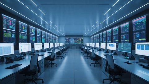 Futuristic control room with advanced digital monitors