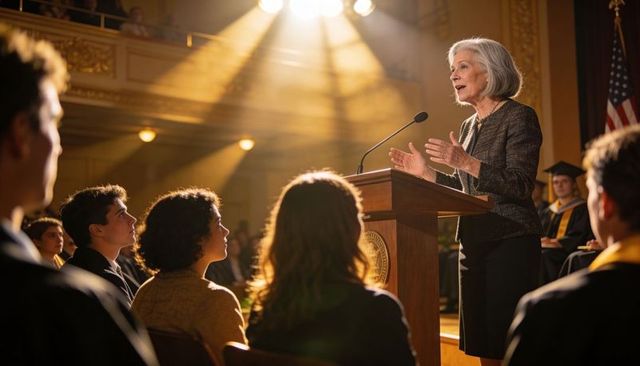 Senior woman addressing graduates at lectern in grand auditorium during commencement ceremony