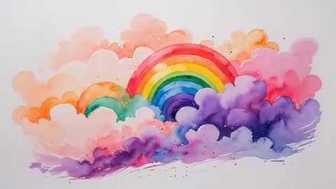 Vibrant Abstract Watercolor Rainbow and Clouds Painting