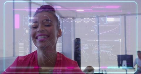 Smiling businesswoman interacting with holographic analytics dashboard in neon office