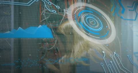 IT Specialist Analyzing Data on Server with Digital Overlay