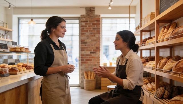 Bakery Team Collaborating Behind Rustic Counter, Planning Daily Bakes and Display Layout
