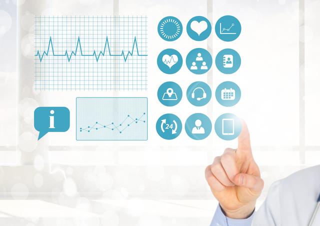 Hand selecting various healthcare-related icons on a transparent digital screen. Icons represent health data, support information, heart rate monitoring, medical calendar, and other supportive services. Ideal for content related to healthcare technology integration, medical support systems, telemedicine, and informational graphics showcasing healthcare support tools.
