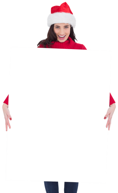 Brunette Woman in Santa Hat Holding Transparent White Poster - Download Free Stock Videos Pikwizard.com