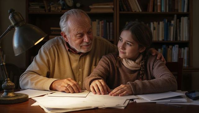 Grandfather Teaching Granddaughter Homework Under Warm Desk Lamp, Cozy Study Bonding