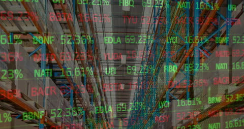 Global Financial Data Overlaid on Warehouse Aisle