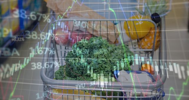 Image of financial data processing over shopping cart. Global shopping, business, finances, data processing and digital interface concept digitally generated image.