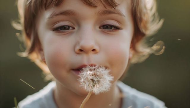 Backlit child blowing dandelion seeds close-up portrait in soft golden sunlit meadow light