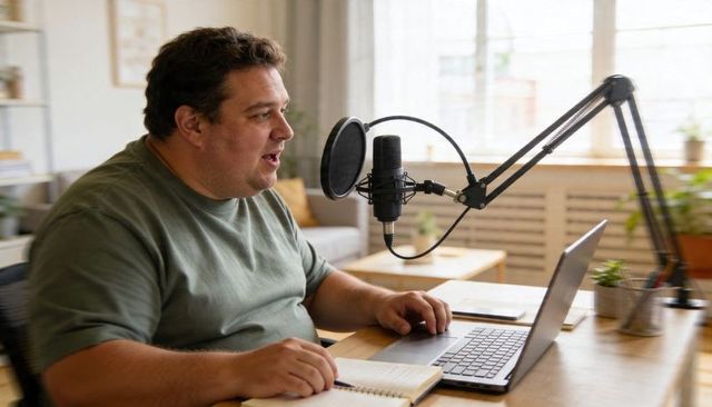 Solo podcaster recording at home desk with studio microphone, laptop, notebook, natural light