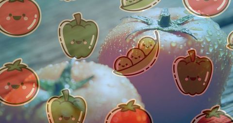 Whimsical Vegetables Overlaying Fresh Dewy Tomatoes Illustration