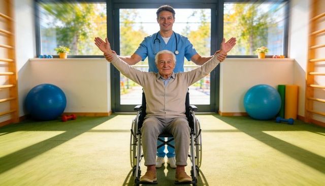 Therapist guiding senior in wheelchair raising arms during rehabilitation exercise
