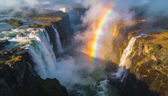 Multi-tiered waterfall cascading into misty canyon with vertical rainbow arc