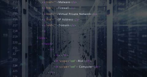 Data Center with HTML Code Overlay Illustrating Cybersecurity Concepts