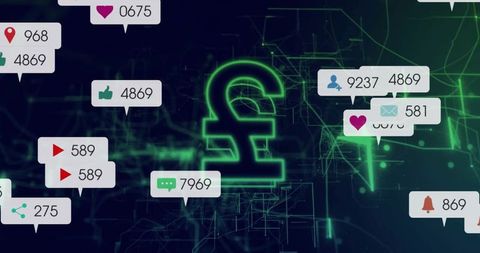Glowing neon pound symbol in fintech grid with alert bubbles
