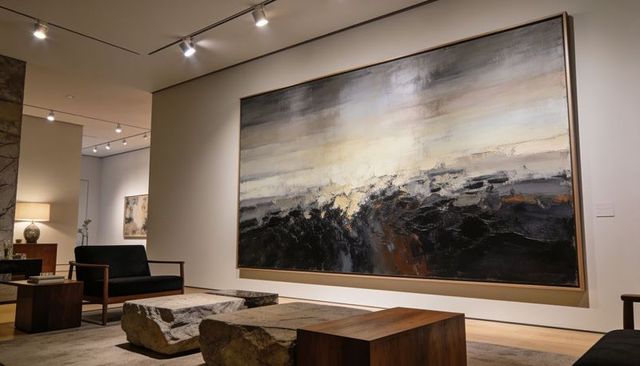 Displaying large abstract impasto painting in minimalist gallery lounge with stone tables