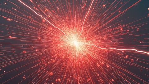 Red energy core radiating particle burst with neon light streaks and electric arcs