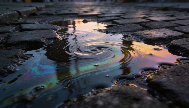 Swirling iridescent oil sheen reflecting sunset colors on wet cobblestone pavement