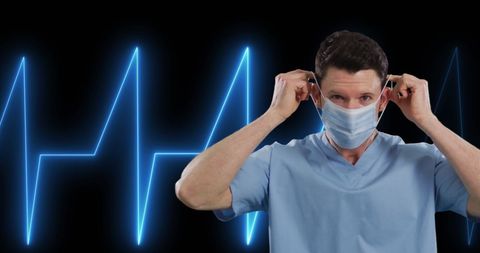 Doctor wearing mask with digital heartbeat in background