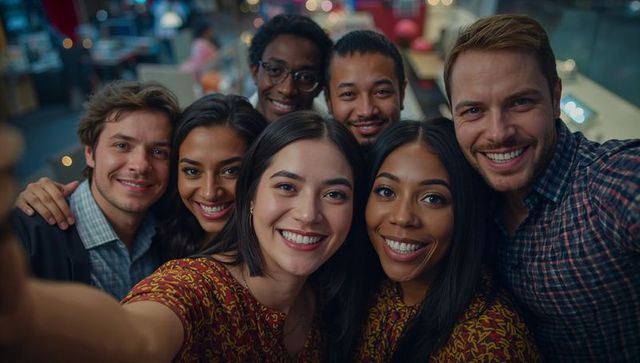 Diverse Group of Friends Taking Selfie in Urban Lounge Setting