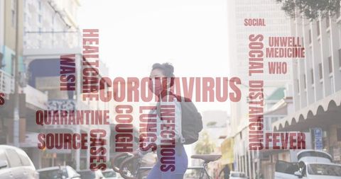 Woman in Face Mask with COVID-19 Awareness Messages in Urban Environment