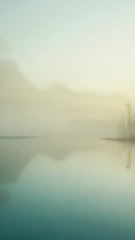 Dawn Light Lifting Mist Over Calm Lake with Mirror Reflections and Reeds | Vertical Video