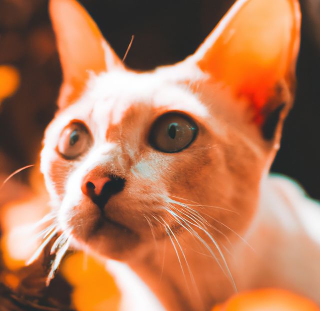 Close up of thin white cat with orange eyes looking past camera, with bokeh lights in background. Domestic pet cat portrait.