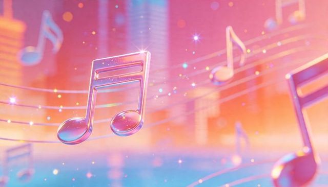 Glassy double-eighth note floating over pastel urban dreamscape with sparkling staff