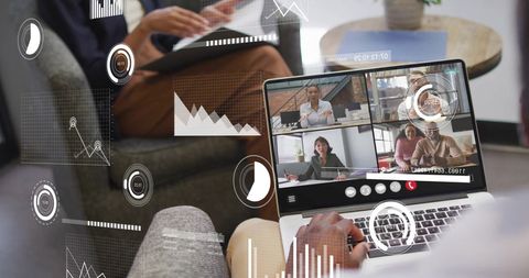 Team Collaborating Online with Data Insights in Modern Office Setting