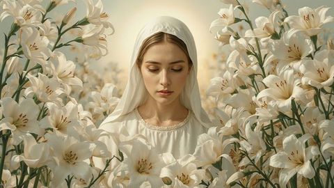 Spiritual woman the virgin mary in white veil surrounded by blooming lilies
